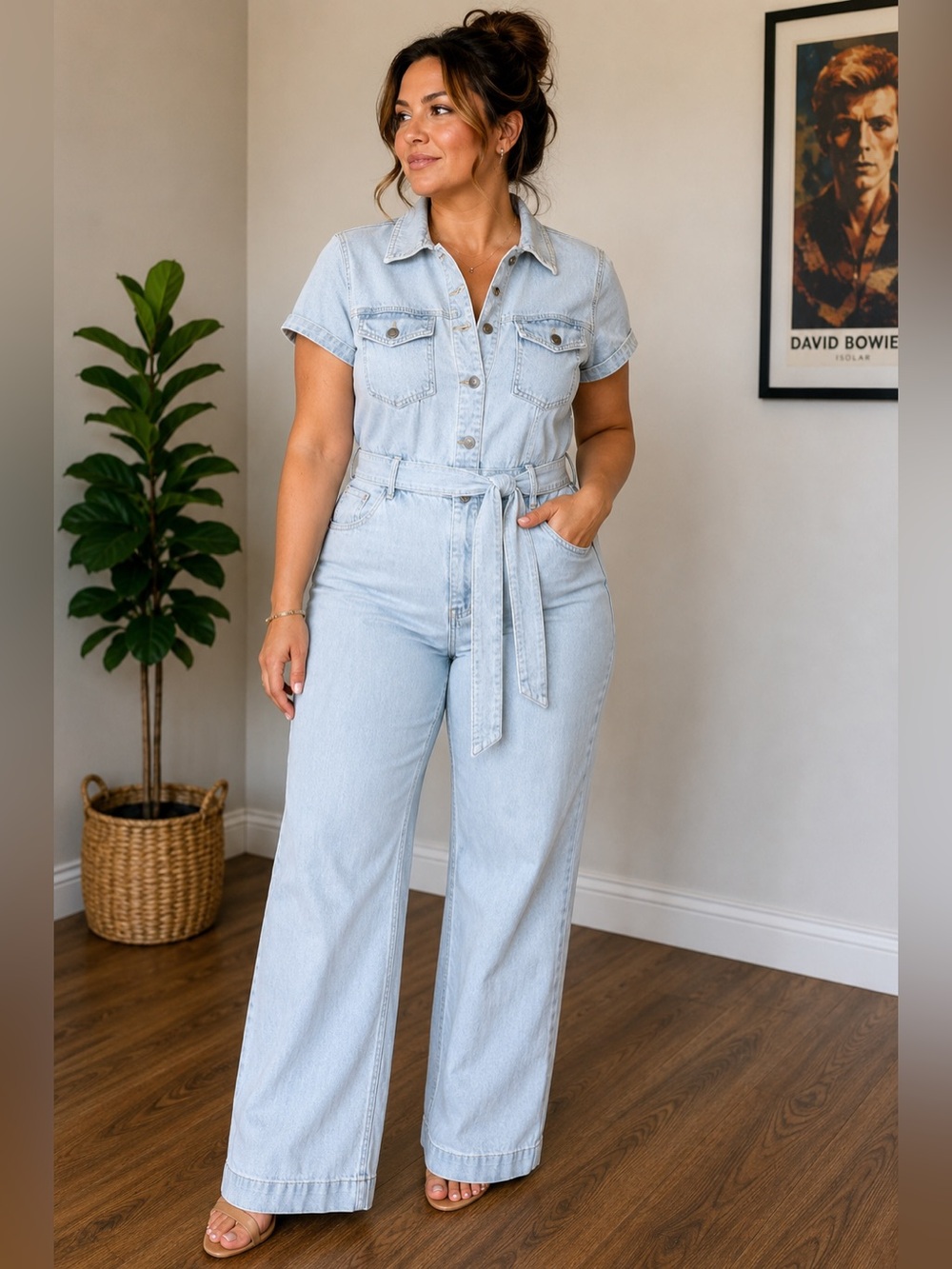 Avec Les Filles Womens Denim Jumpsuit Size 29 Belted Wide Leg Retro Hippie